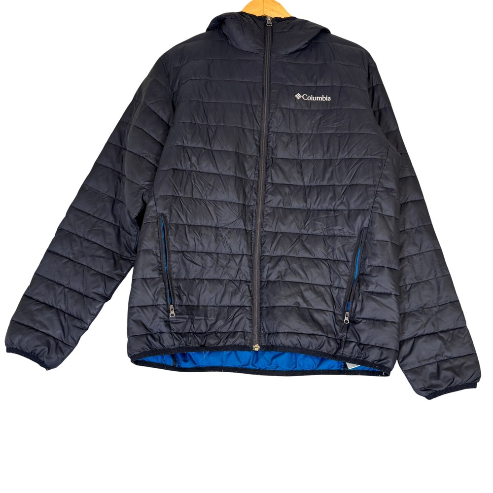 Columbia Mens Hooded Puffer Jacket Black Blue Insulated Quilted Coat Size Medium